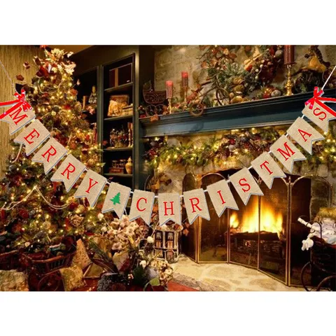 Rustic Burlap Merry Christmas Banner Christmas Tree Sleigh Reindeer Swallowtail Garland Holiday Party Hanging Decor for Home