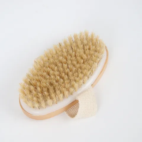 Natural Boar Bristle Bath Brush Wooden Body Scrub Brush For Exfoliating Dry Skin Brushing Massage Scrubber With Strap Oval Body Scrubber Brush