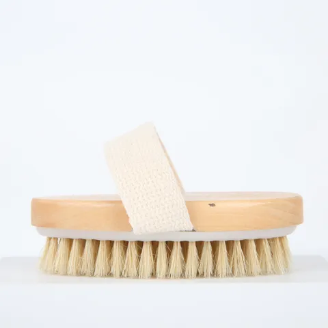 Natural Boar Bristle Bath Brush Wooden Body Scrub Brush For Exfoliating Dry Skin Brushing Massage Scrubber With Strap Oval Body Scrubber Brush
