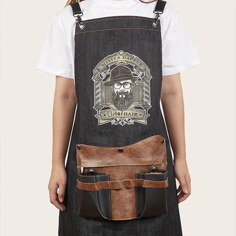 Professional Barber Apron For Men Women Denim PU Leather Salon Hairstylist Workwear With Adjustable Straps Multi Pockets Vintage Logo