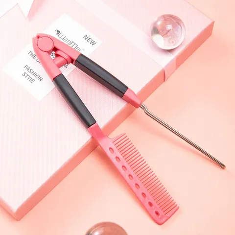 Professional V-Shaped Straightening Hair Comb Carbon Fiber Stainless Steel Hollow Clamping Comb Hair Styling Brush Salon Daily Tool