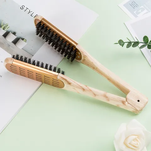 V-Shaped Double Sided Straightening Hair Brush Boar Bristle Clamp Comb ABS Wood Grain Design Styling Tool For Everyday Unisex