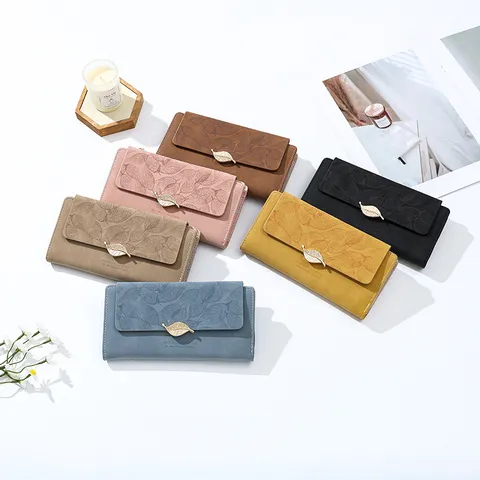 Damen Vintage Mattiert PU Leder Lange Geldbörse Matte Blatt Metallschnalle Kartenhalter Umschlag Clutch Portemonnaie Für Frauen
