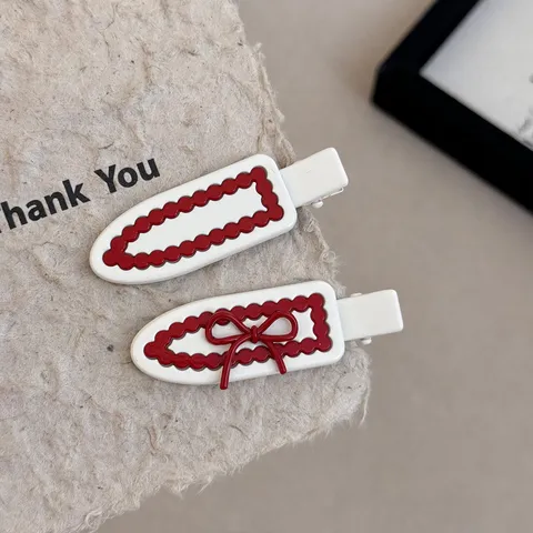 Koreaanse Stijl Rood Wit Strik Geometrische Golf Haarclip Niet Markerende Zijkant Haarspeld Leuke Naadloze Pony Clip Haaraccessoires Voor Dames Dagelijks Decor