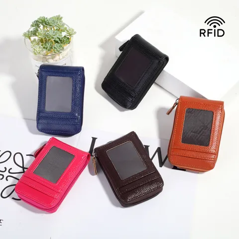 Unisex Mini PU Leder Kartenetui Litschimuster RFID Schutz Vertikal Akkordeon Reißverschluss Münzbörse Ausweis Tasche Für Alltag Damen Herren