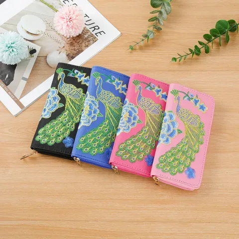Damen Ethno Gestickt Pfau Lange Geldbörse Oxford Gewebe Urban Minimalistisch Reißverschluss Kupplung Handtasche Reisen Kartenhalter Geschenk