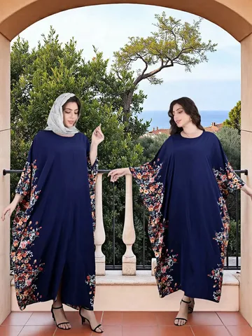 Women Casual Ethnic Floral Print Long Sleeve Maxi Dress Loose Plus Size Kaftan Long Robe Elegant Vacation Beach Dress