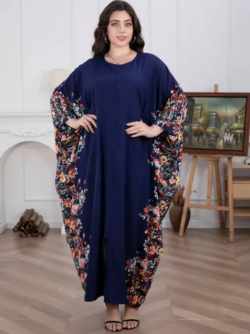 Women Casual Ethnic Floral Print Long Sleeve Maxi Dress Loose Plus Size Kaftan Long Robe Elegant Vacation Beach Dress