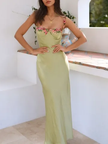 Women's Sexy V-Neck Satin Slip Long Dress Floral Embroidery Backless Slim Maxi Dress
