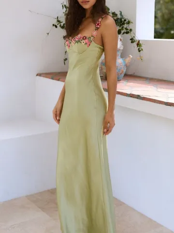 Women's Sexy V-Neck Satin Slip Long Dress Floral Embroidery Backless Slim Maxi Dress