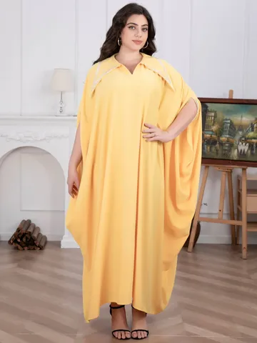 Robe Maxi De Fête Grande Taille Pour Femmes Décontracté Ample Kaftan Manches Chauve-Souris Col V Strass Longue Robe