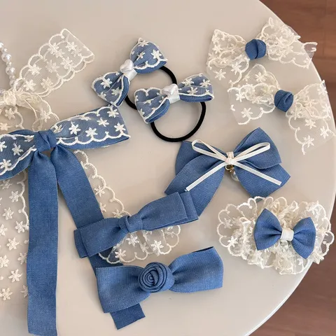 Sweet Denim Blue Bowknot Lace Trim Hair Clips For Women Elegant Handmade Fabric Rose Flower Artificial Pearl Tassel Duckbill Barrettes Hair Tie Headwear Accessories