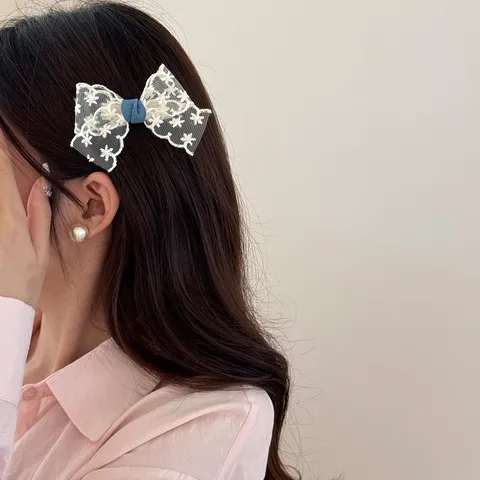 Sweet Denim Blue Bowknot Lace Trim Hair Clips For Women Elegant Handmade Fabric Rose Flower Artificial Pearl Tassel Duckbill Barrettes Hair Tie Headwear Accessories