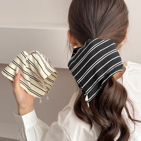 Korean Minimalist Striped Fabric Scrunchie For Women Elegant Large Hair Ring Hair Ties With Artificial Pearl Pendant Ponytail Holder