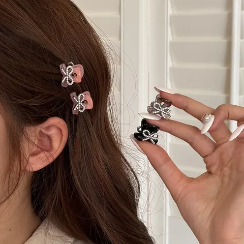 Rhinestone Bow Knot Mini Hair Claw Clip Korean Sweet Elegant Small Bowknot Hairpin For Women Fashion Side Hair Accessories