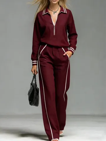 Ensemble Haut et Pantalon Décontracté à Manches Longues pour Femmes Fermeture Éclair Colorblock Rayé Tenue de Mode