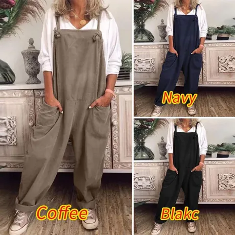 Women Casual Cotton Blend Solid Color Loose Overalls Pocket Casual Long Pants Female Trousers