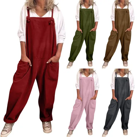 Women Casual Cotton Blend Solid Color Loose Overalls Pocket Casual Long Pants Female Trousers