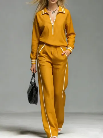 Ensemble Haut et Pantalon Décontracté à Manches Longues pour Femmes Fermeture Éclair Colorblock Rayé Tenue de Mode