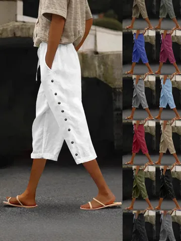 Pantalon Capri Décontracté en Mélange de Coton et Lin Ramie Élasthanne pour Femmes Taille Élastique Cordon de Serrage Été Jambe Large Pantalon à Sept Points Avec Décoration de Boutons Latéraux Coupe Ample Respirante Mode de Navette