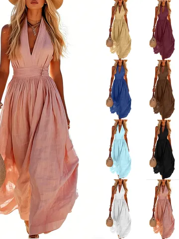Robe Maxi pour Femmes Col en V Sans Manches en Polyester Élégante Couleur Unie Patchwork Robe Longue d'Été pour Femmes