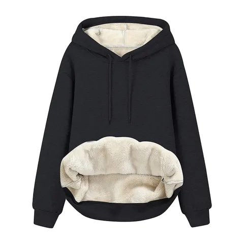 Felpa da Donna Casual Tinta Unita Manica Lunga con Cappuccio Coulisse Foderata in Pile Spesso Caldo Inverno