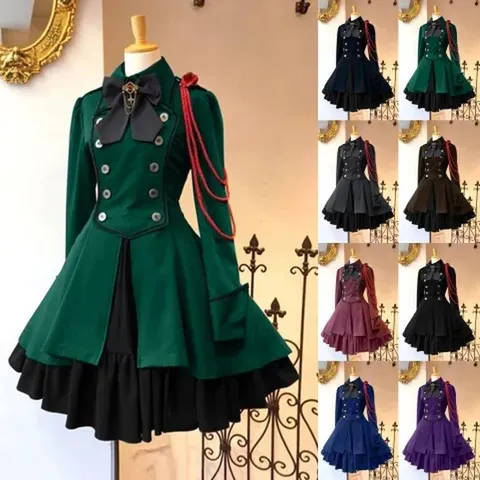 Femme Renaissance Vintage Cosplay Robe Manches Longues Nœud Volant Gothique Lolita Fête Costume Victorien