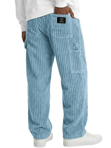 Men's Corduroy Casual Pants Winter Vintage Straight Leg Drawstring Loose Trousers Multi-Pocket Cargo Pants