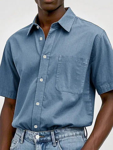 Men's Casual Cotton Short Sleeve Shirt Basic Solid Color Turn-Down Collar Button Down Shirt With Pocket