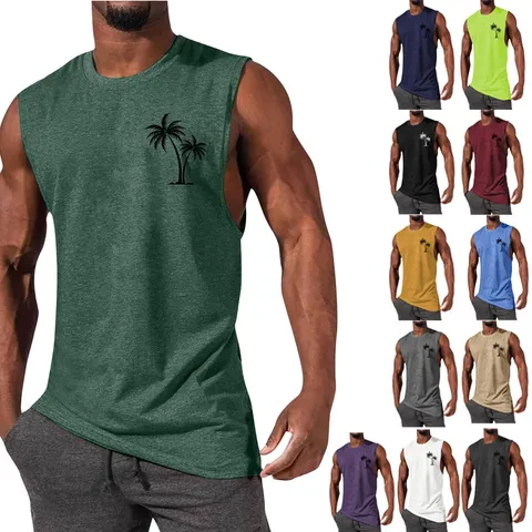 Men's Casual Cotton Blend Tank Top Summer Workout Athletic Fitness Coconut Tree Print Crew Neck Sleeveless Shirt