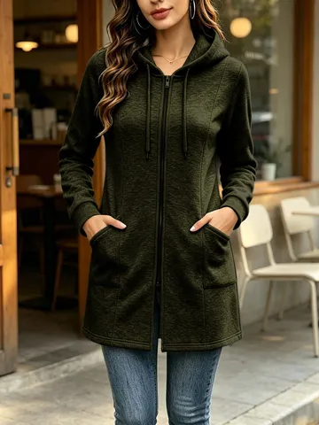 Veste Sweat Longue à Capuche Doublée Polaire Décontractée pour Femme Couleur Unie Fermeture Éclair Cordon Poches