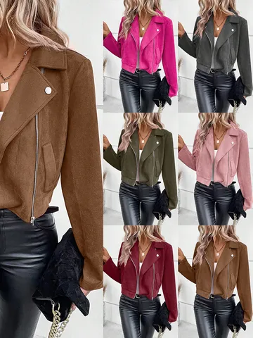 Women Slim Fit Faux Suede Jacket Lapel Long Sleeve Full Zipper Short Coat Vintage Solid Color Fashion Outerwear Commuter Style