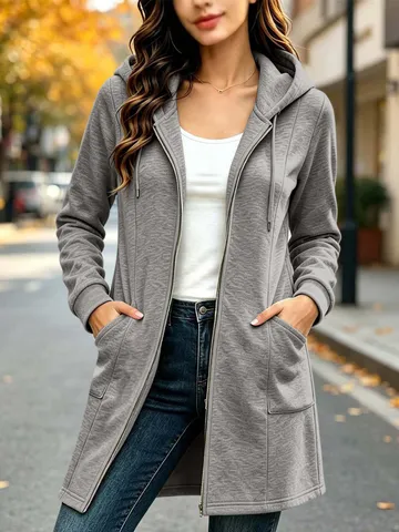Veste Sweat Longue à Capuche Doublée Polaire Décontractée pour Femme Couleur Unie Fermeture Éclair Cordon Poches