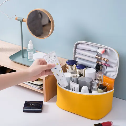 Große Kapazität Tragbare PU Leder Kulturbeutel Wasserdichte Reise Make Up Organizer Handtasche Kosmetiktasche Für Damen