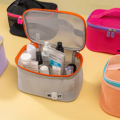 Große Kapazität Netz Kulturbeutel Tragbarer Kosmetik Aufbewahrungsbeutel Reise Make-up Tasche Mit Reißverschluss Griff