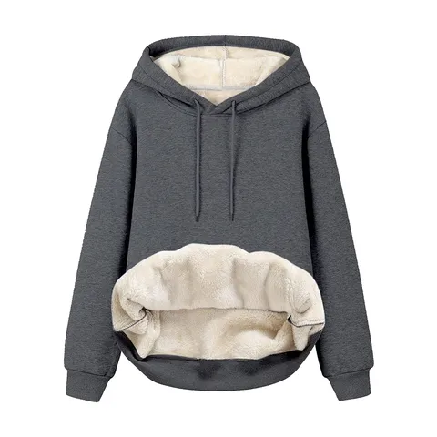 Felpa da Donna Casual Tinta Unita Manica Lunga con Cappuccio Coulisse Foderata in Pile Spesso Caldo Inverno