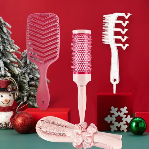 Christmas Gift Plastic Hair Brush Set Pink Satin Heatless Hair Curler Roller Massage Detangling Comb Set For Women Hair Styling