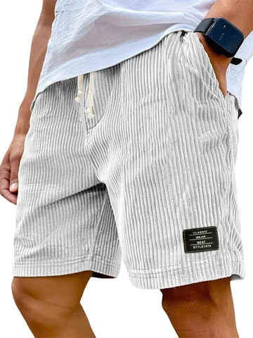 Men's Vintage Corduroy Casual Shorts Summer Straight Fit Elastic Waist Drawstring Breathable Five-Point Pants