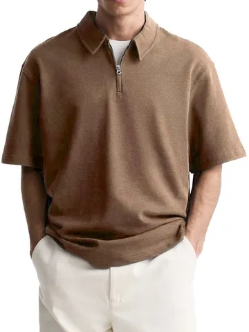 Men's Casual Cotton Blend Polo Shirt Short Sleeve Lapel Zipper Solid Color Loose Fit Business Daily Tops