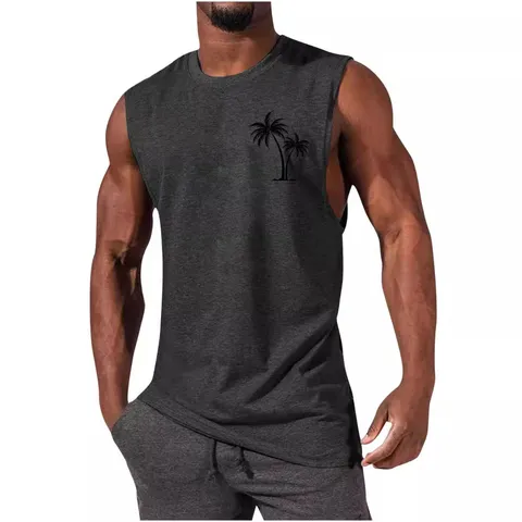 Men's Casual Cotton Blend Tank Top Summer Workout Athletic Fitness Coconut Tree Print Crew Neck Sleeveless Shirt