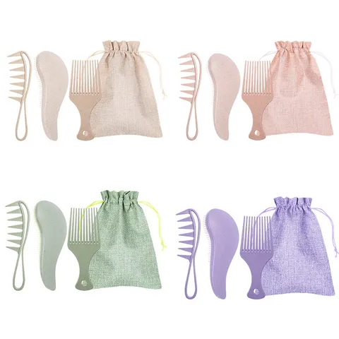 Juego de Cepillos para el Cabello de Paja de Trigo Ecológico Con Bolsa de Lino Peines de Masaje Desenredantes para Mujer Hombre