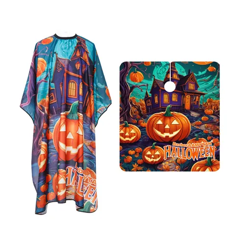 Mantella da Barbiere di Halloween Impermeabile in Pongee Mantella per Taglio Capelli Stampa Zucca Castello Strega Salone Parrucchiere per Uomo Donna