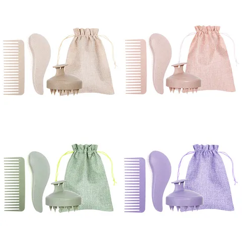 Ensemble de Brosses à Cheveux Écologiques en Paille de Blé Peigne à Dents Larges Portable Brosse Massage Cuir Chevelu Femmes Hommes