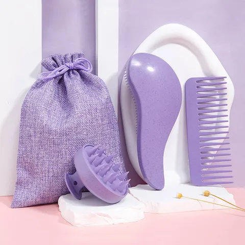 Ensemble de Brosses à Cheveux Écologiques en Paille de Blé Peigne à Dents Larges Portable Brosse Massage Cuir Chevelu Femmes Hommes