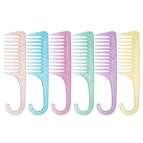 Glitter Silver Wide Tooth Hair Comb With Hanging Hook Modern Plastic Detangling Comb For Wet Dry Hair Women Home Bathroom