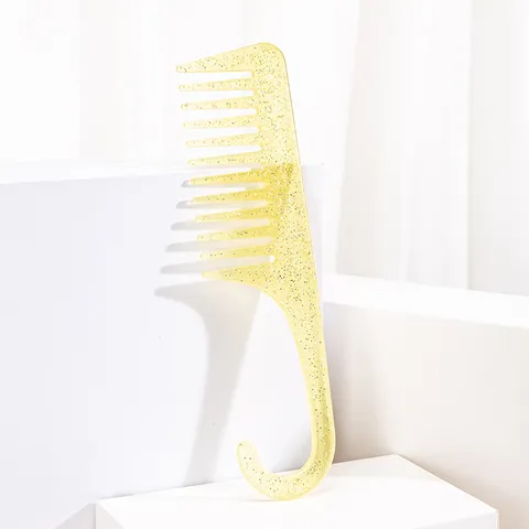 Glitter Silver Wide Tooth Hair Comb With Hanging Hook Modern Plastic Detangling Comb For Wet Dry Hair Women Home Bathroom