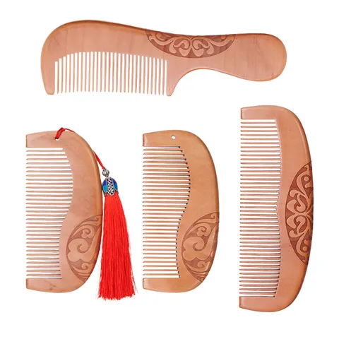 Traditional Peach Wood Carved Comb Fine Tooth Hair Massage Comb Chinese Style Wooden Hair Comb With Tassel For Women Men