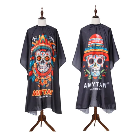 Halloween Skull Print Barber Cape Waterproof Professional Salon Hair Cutting Gown Adjustable Buckle Apron Hairdressing Accessory
