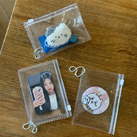 Transparent Glitter PVC Card Holder 3 Inch Photocard Holder Candy Shape Zipper Pouch Idol Photo Protector Keychain Bag