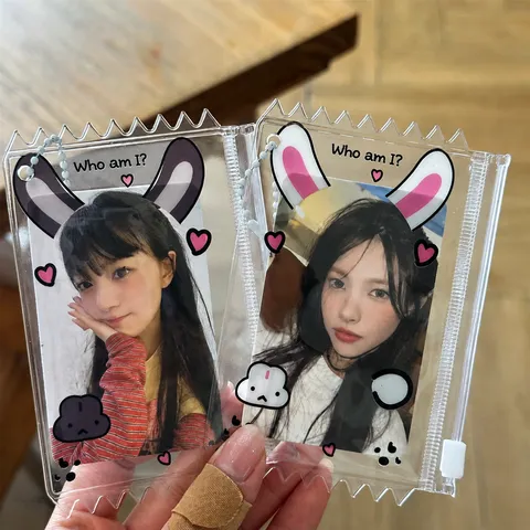 Tarjetero de PVC Transparente Lindo Animal Cremallera Insignia Bolsa Tarjeta de Fotos Funda Protectora Con Cadena de Perlas Idol Photocard Pantalla